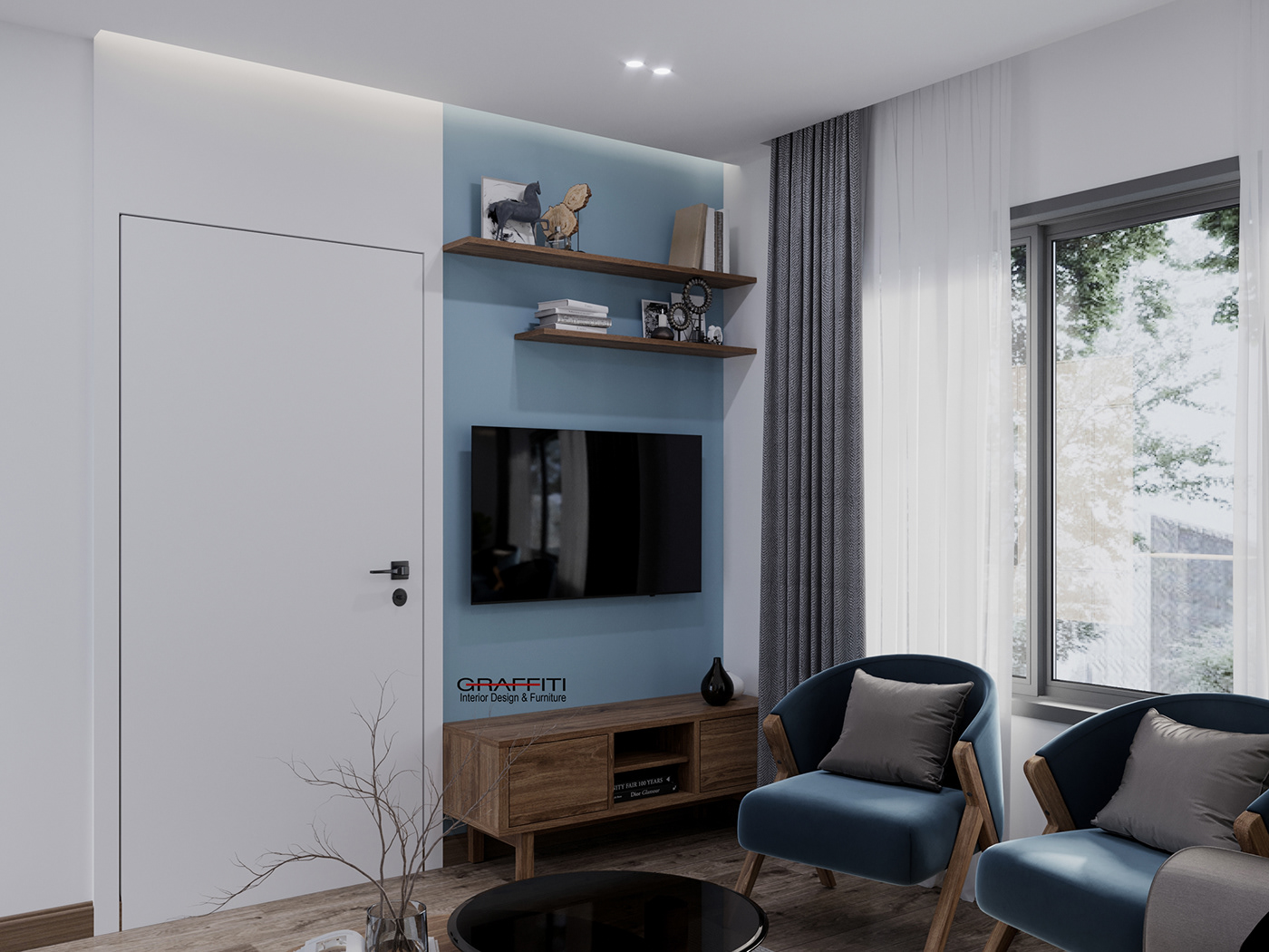 coastal sea blue design room interior design  modern boho bohemian living room