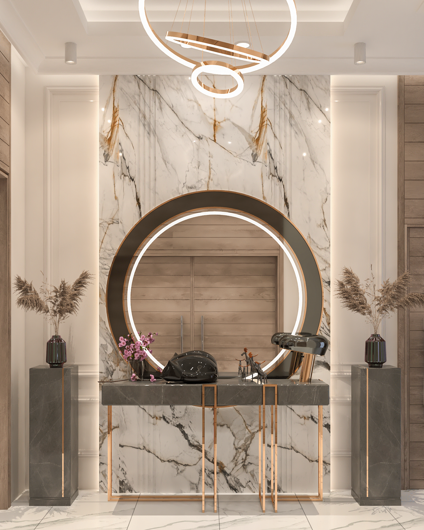 3D Entrance gold interior design  Lobby luxury modern Render visualization vray