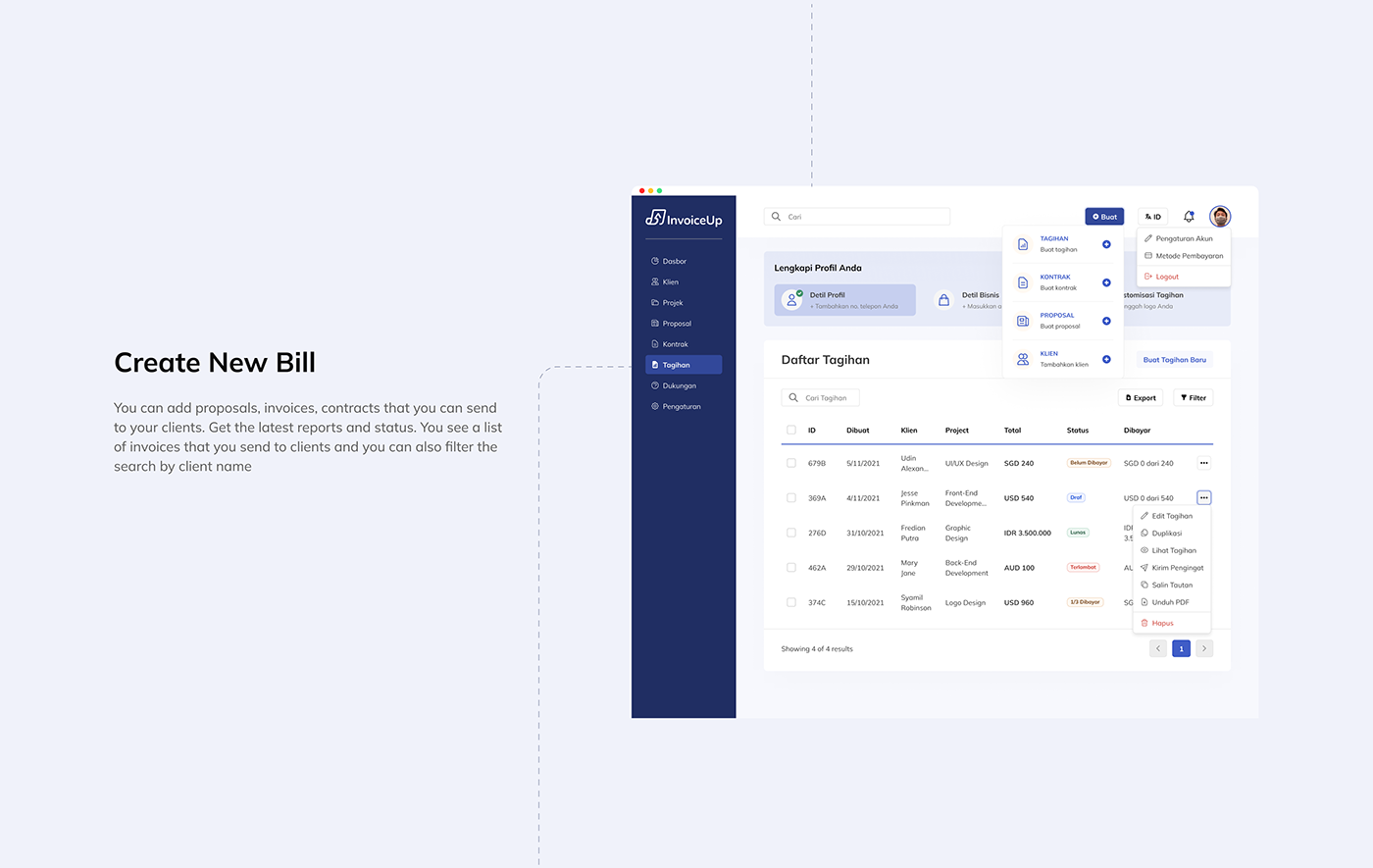 new bill page for invoice manager dashboard design branding
