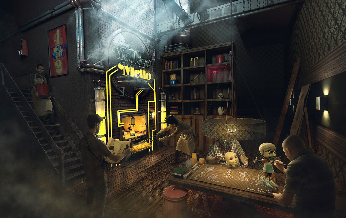 yellow mello machine Work  studio steam punk Steam retouch image 3D concept laboratory action rust photoshop conference tools