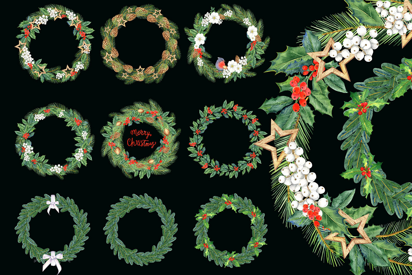 Christmas mistletoe red birds Tree  winter Wreaths watercolor