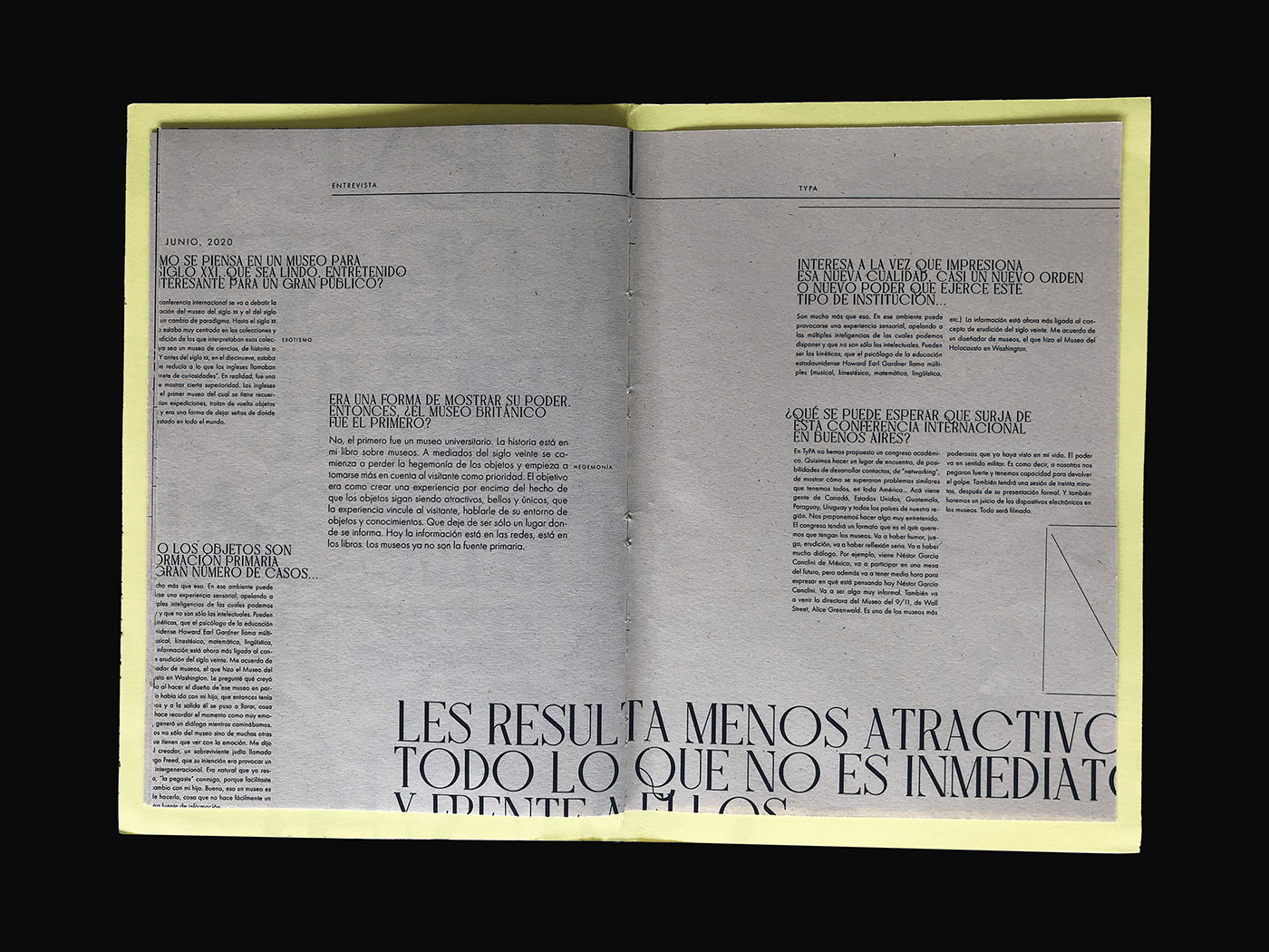 The content of the fanzine, using recycled paper, yellow paper and typography with lines only.