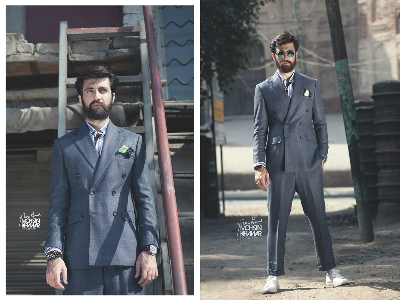 Fashion Photoshoot dapper men Mens suiting bespoke street style light and shade Pakistan conceptual Suiting