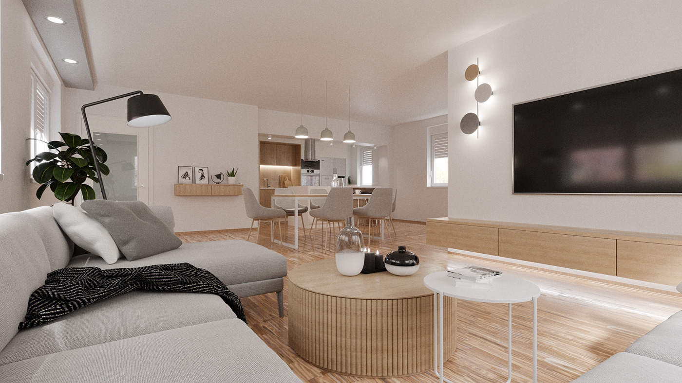 3D Visualization apartment interior design  Porada white wood wood