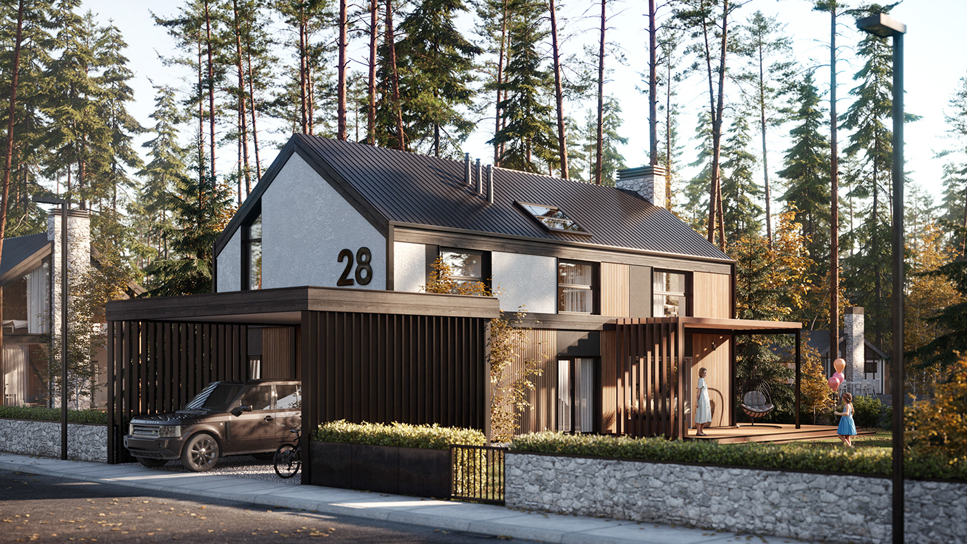 archviz birch CGI Cottage country house countryside forrest Landscape Design pine Villa