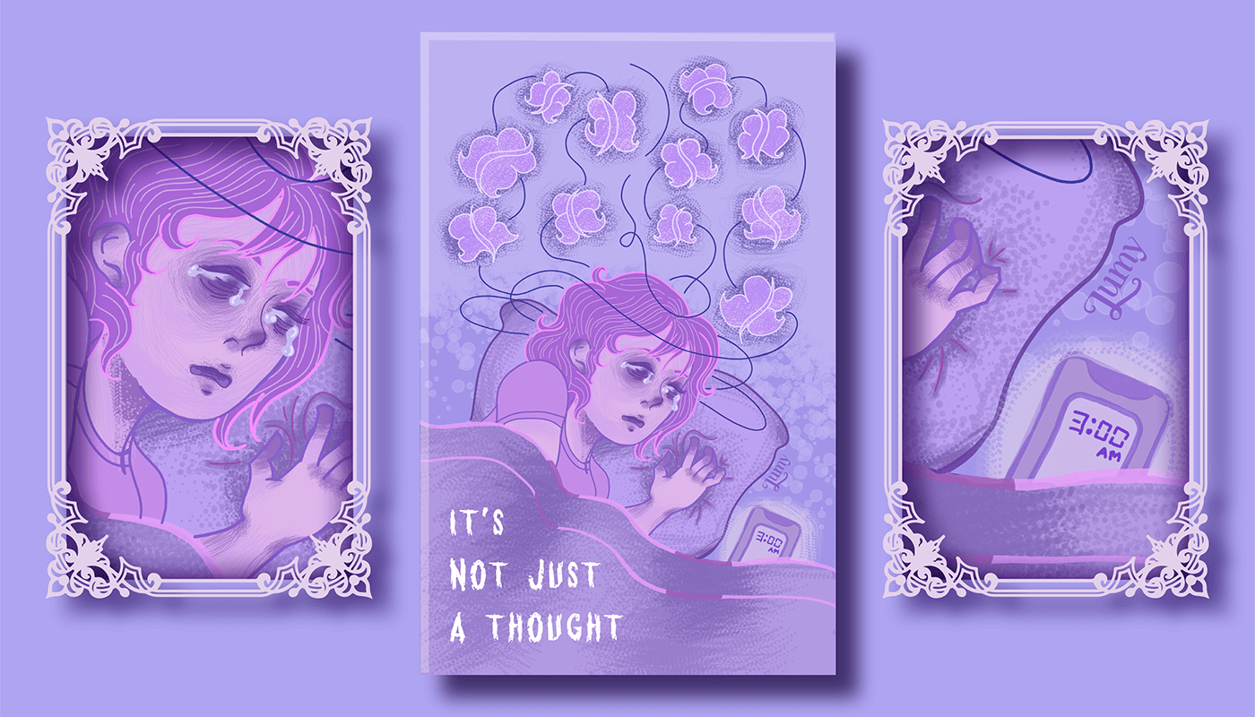 Mental health illustration reflecting anxiety disorder. Use cool colors and purples.