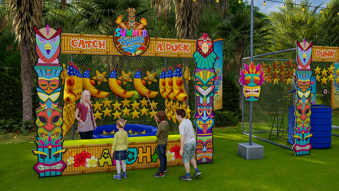summer splash waterpark Carnival tiki bar tropical theme Bouncy Castle hawaiian theme water games water slide water slides