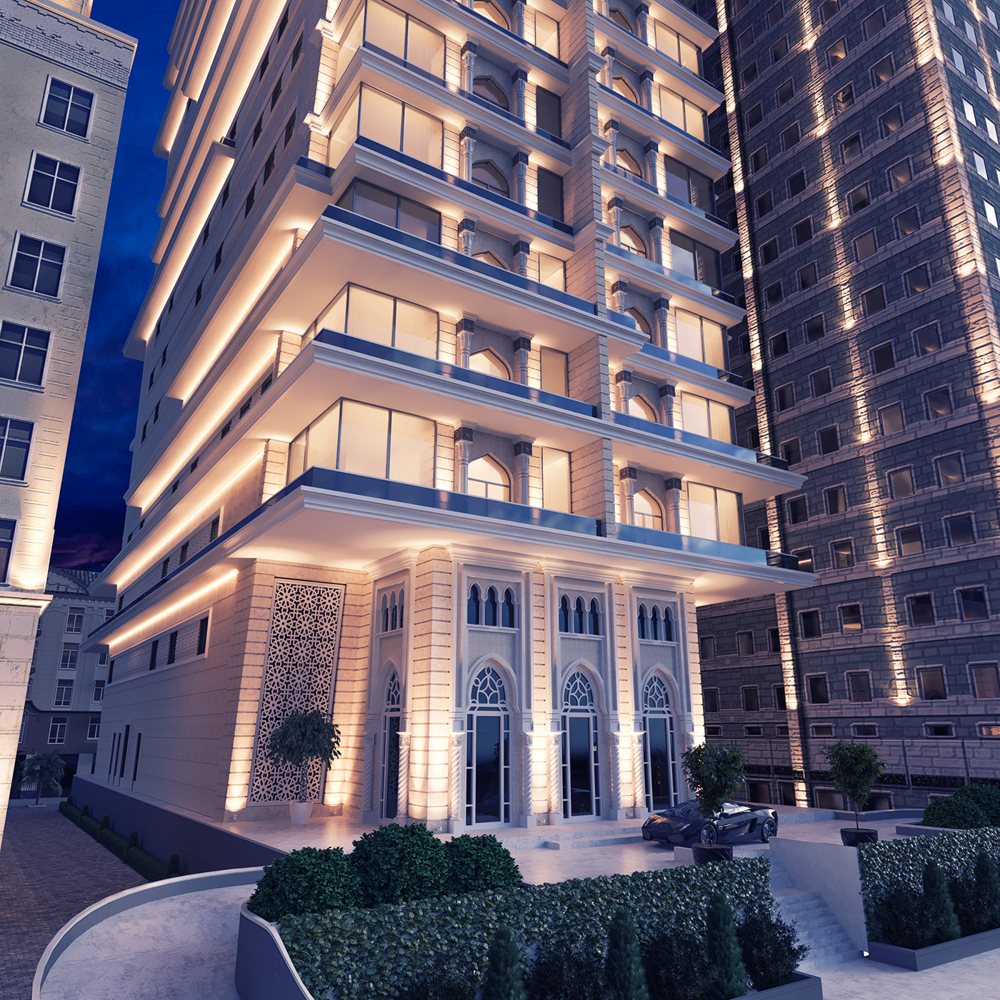 Fasade exterior Landscape dayrender nightrender corona 3dsmax Qatar doha visualization