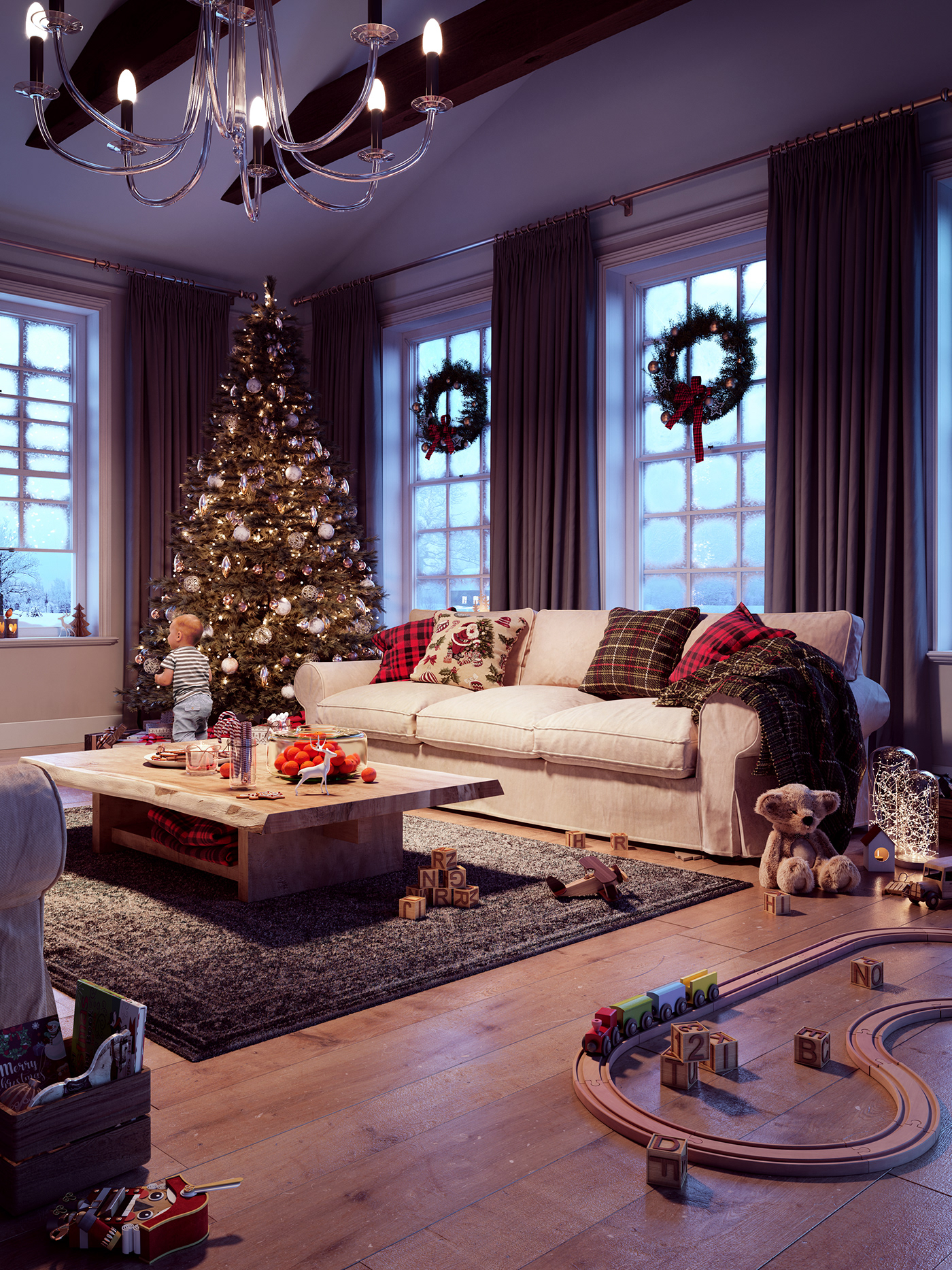 Interior Christmas living room new year santa snow sofa toy winter CGI