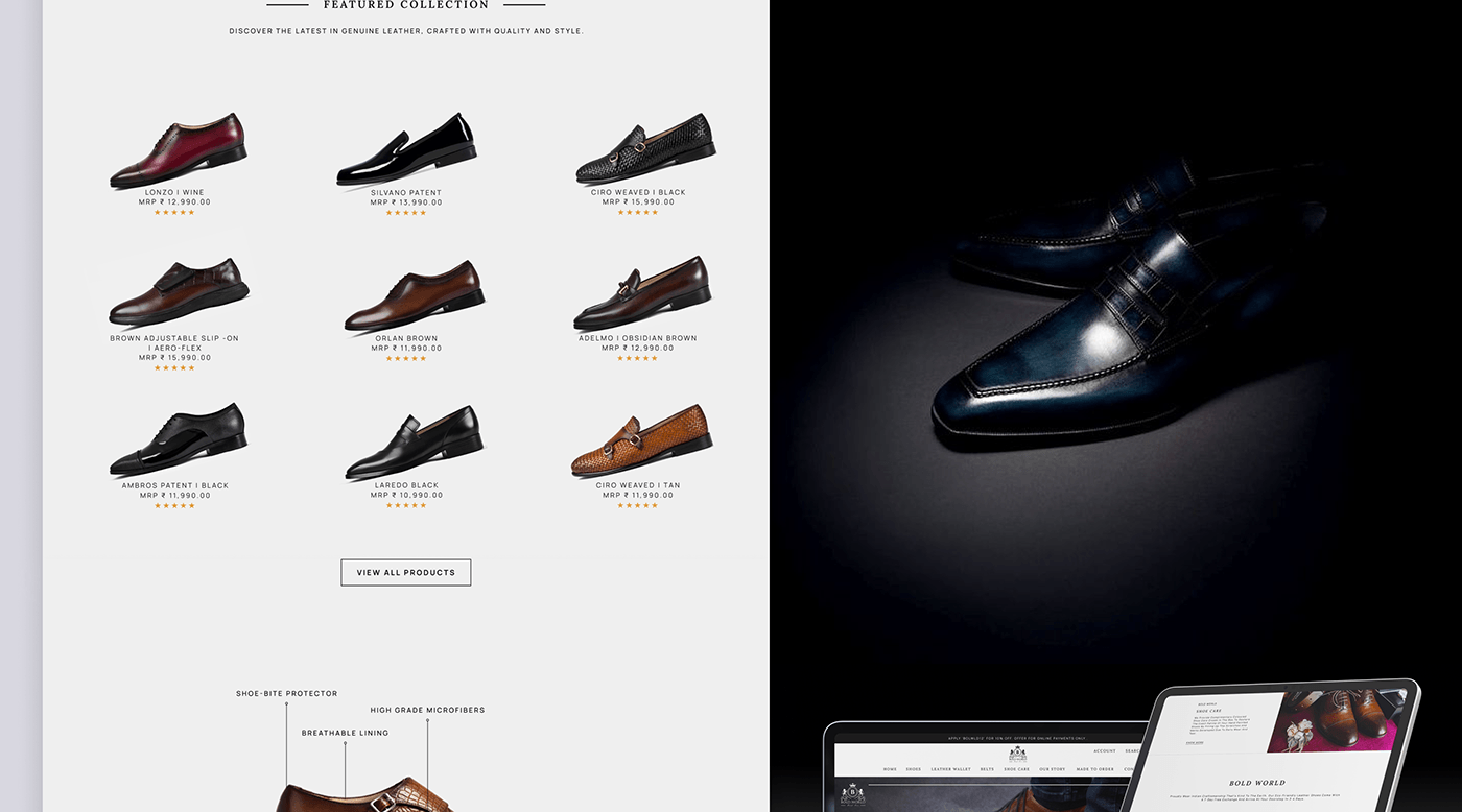 Web Design  leather shoes UI/UX responsive website ui design leather shoes footwear shoes website e-Commerce website