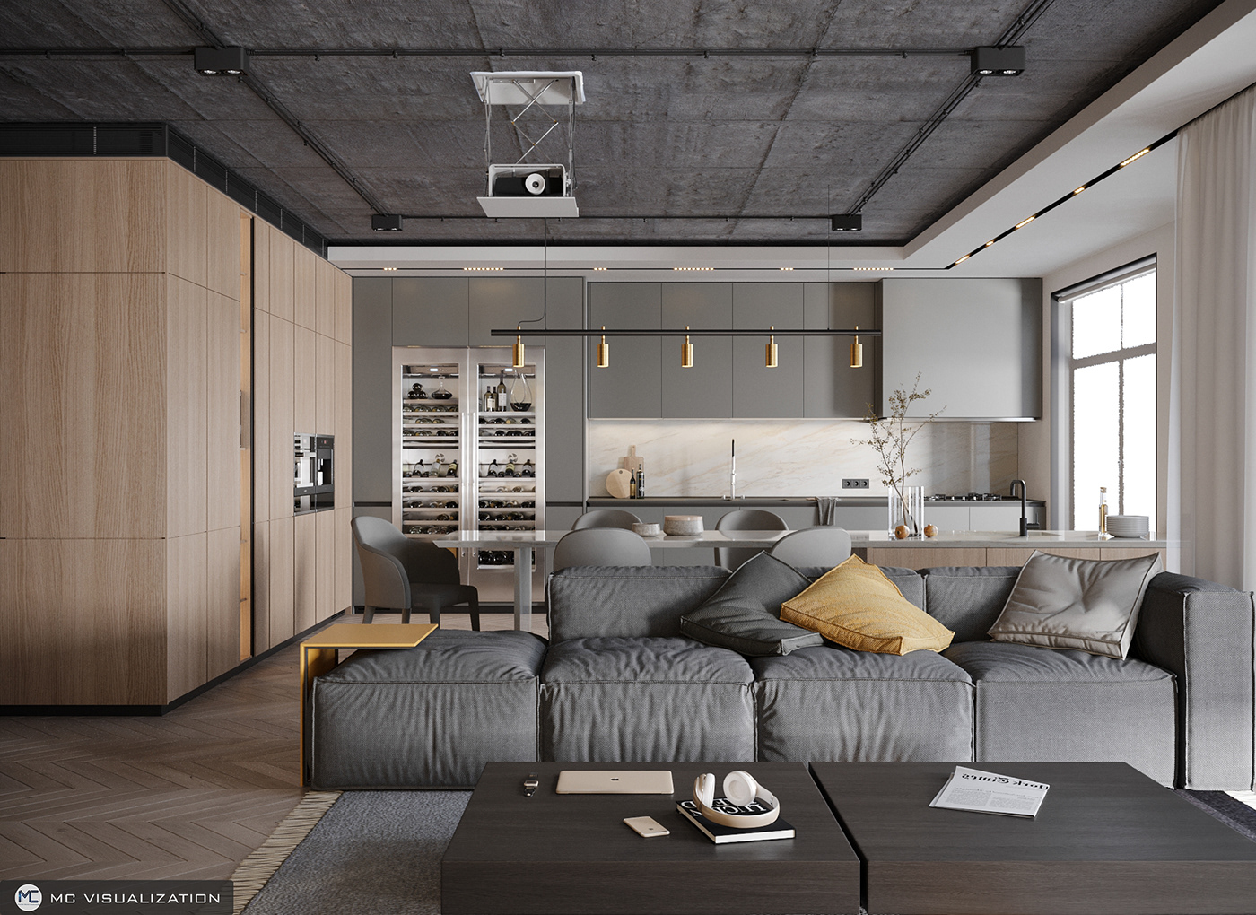 3dsmax concrete ceiling contemporary apartment kaws kitchen livingroom rendering Sink visualization wall brick