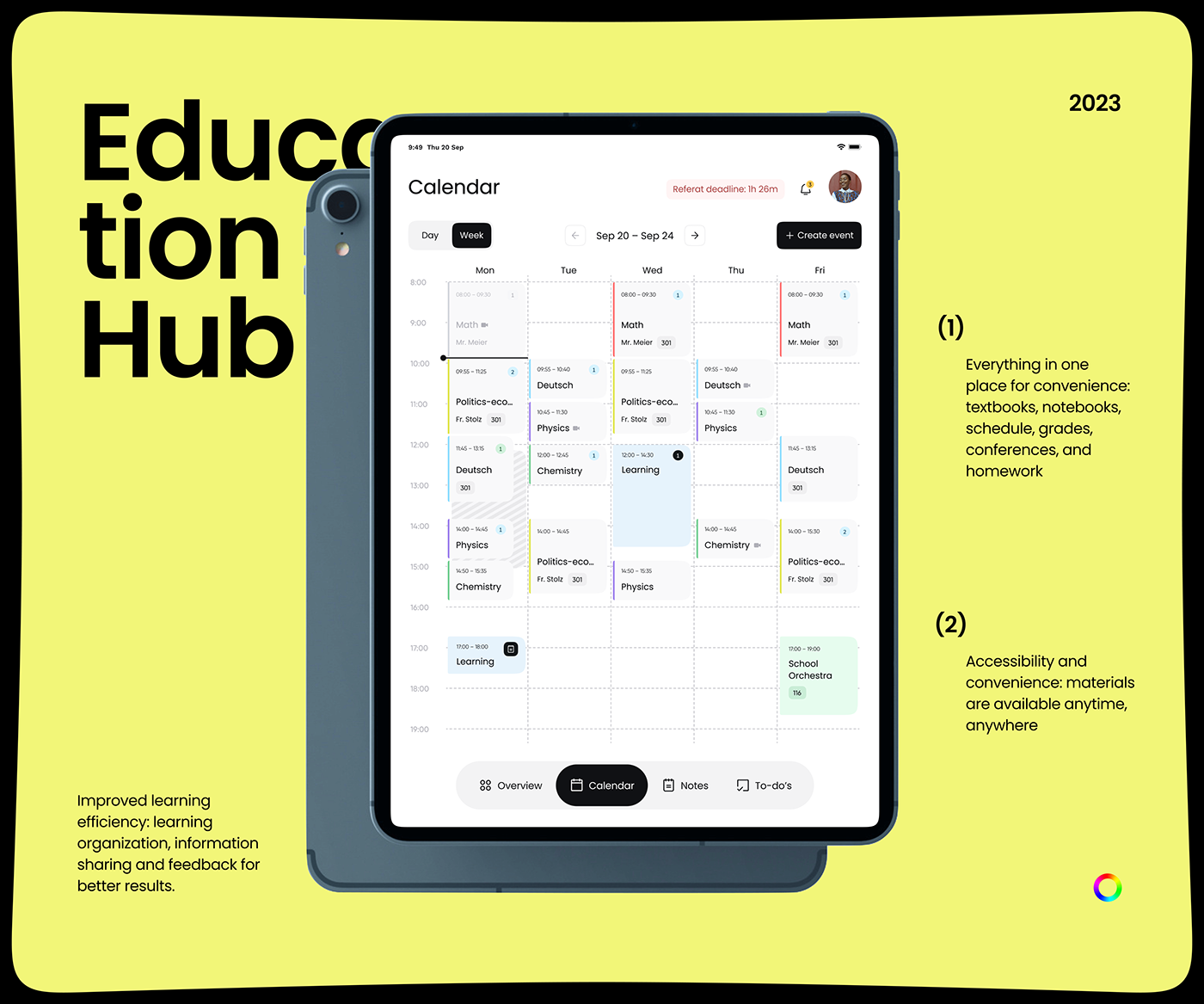 ux/ui app design Education school student book notes calendar tablet learning