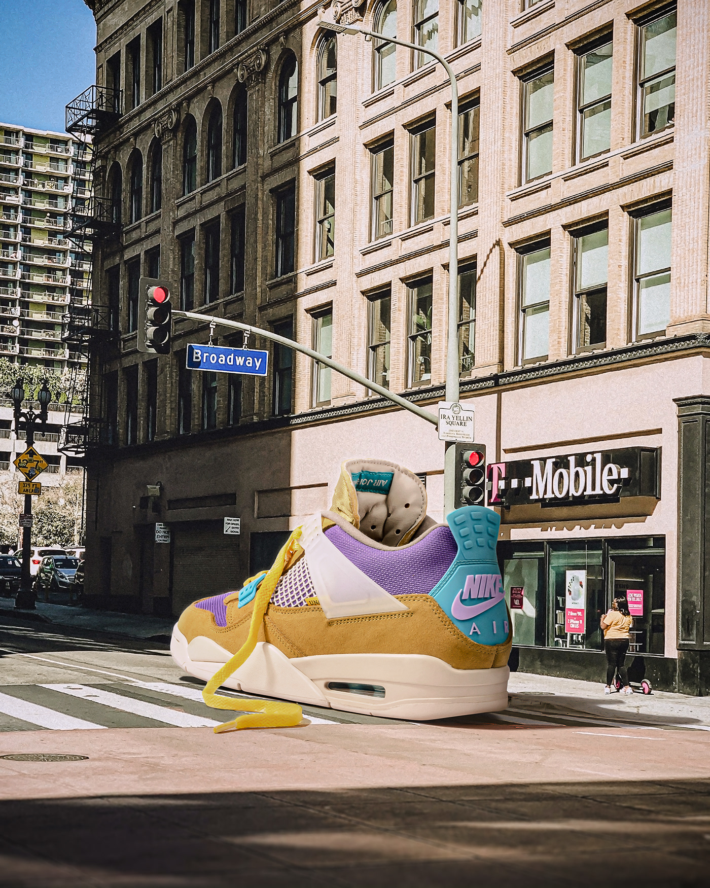 Giant sneaker photo composite on the street . Retouching using Photoshop