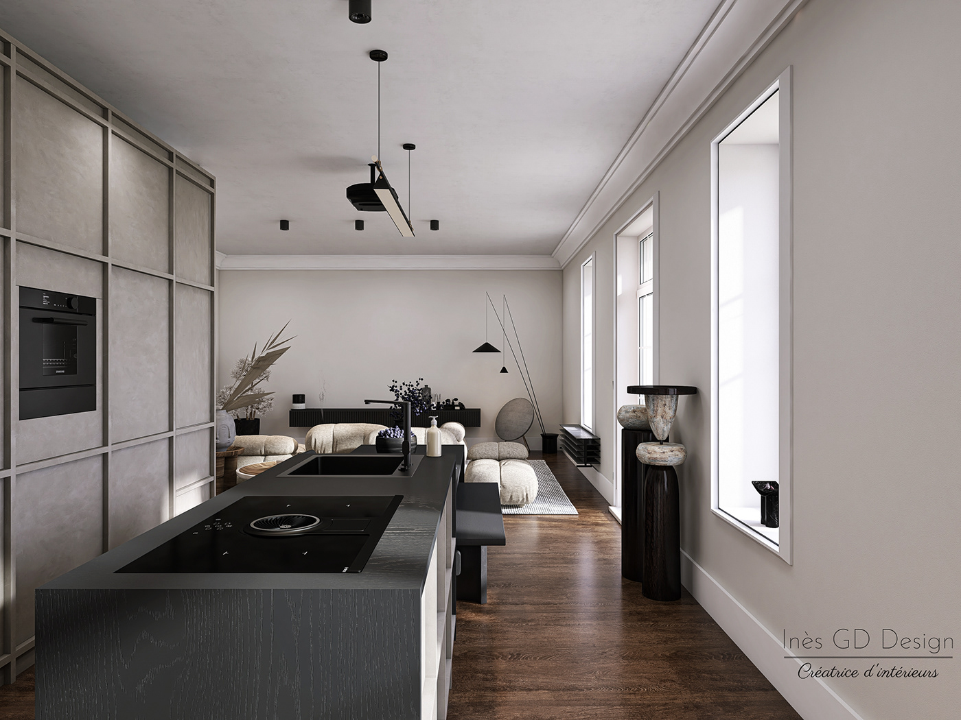 apartment beige CGI dark Interior Japandi Minimalism Scandinavian soft wood