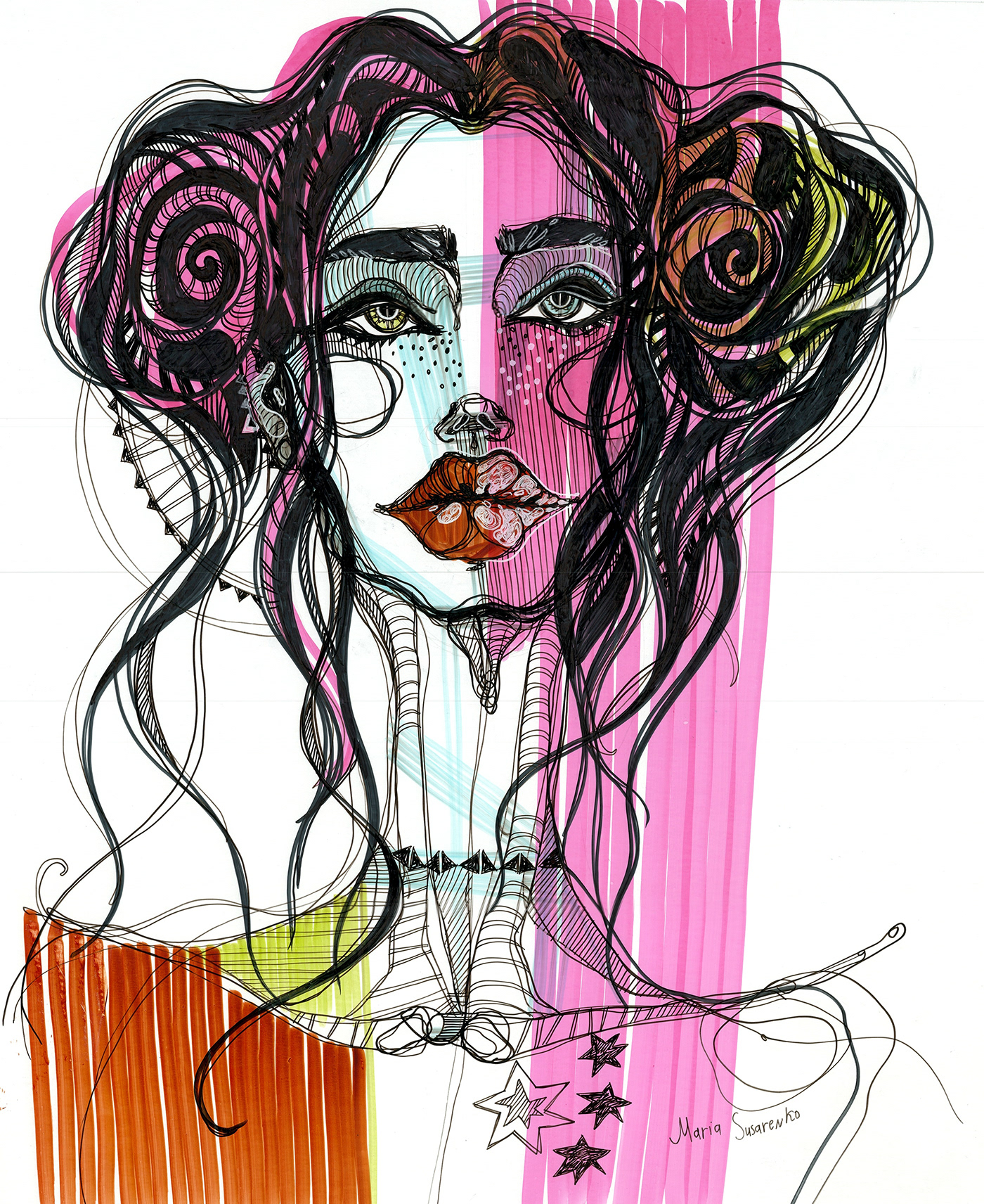 ILLUSTRATION  ink Drawing  portrait model sketchbook abstract lips Fashion  fashion illustration