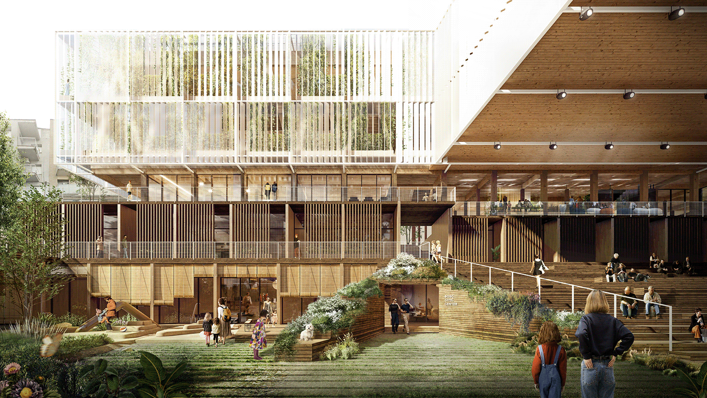 architecture community center Exterior rendering visualization timber architecture