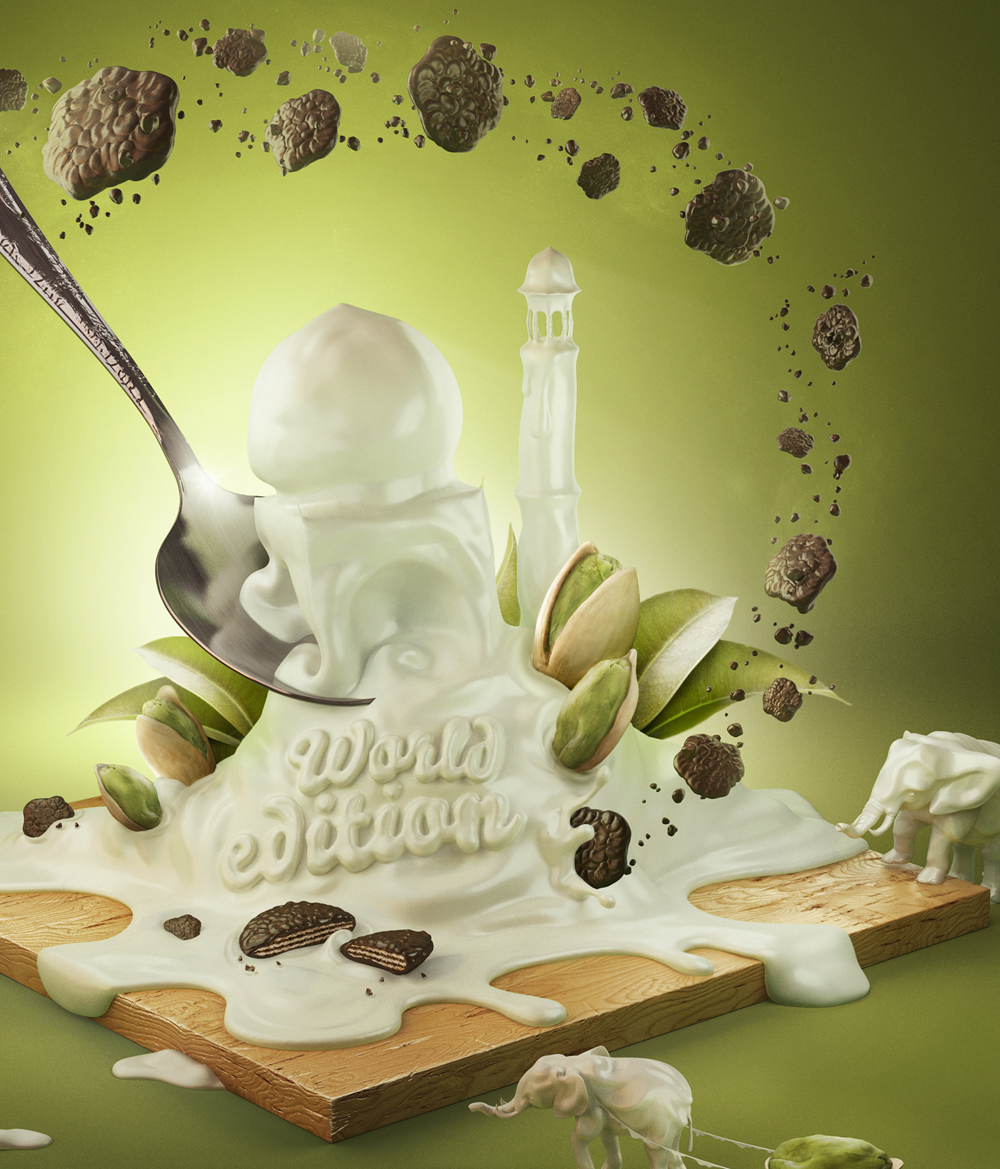 yoghurt pistachio chocolate elephant biscuit Taj Mahal 3D CGI stylized muller