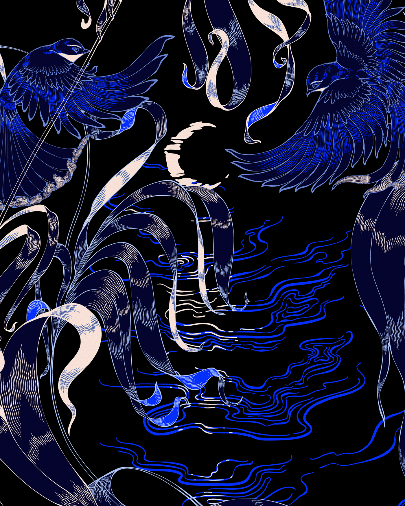 art nouveau black blue hand-drawn jeweltone moon moon river palawan peacock peacock Tropical