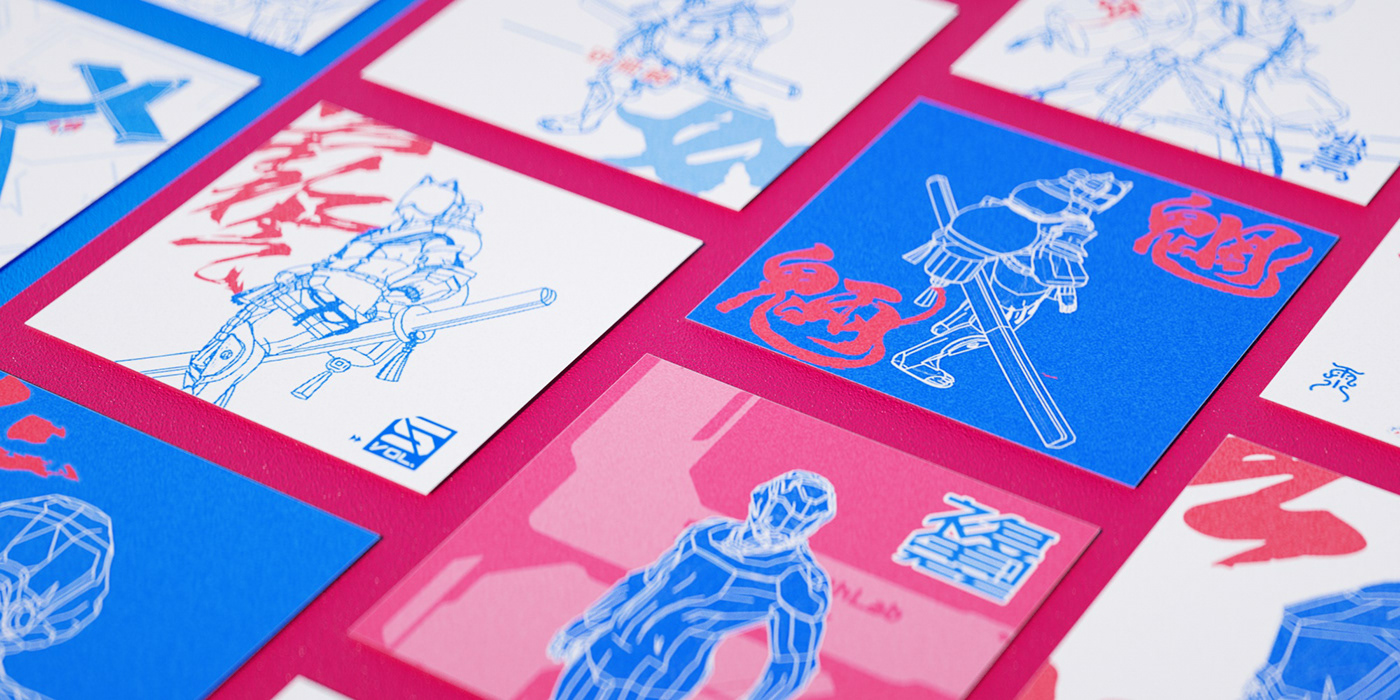 blue chinese font Cyberpunk female line art machine pink plane poster warrior