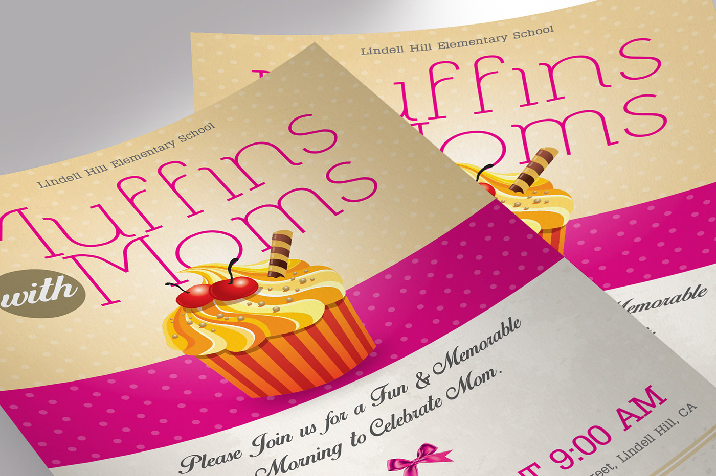muffins moms mothers day school flyer flyer template church invitation magenta yellow retro cup cakes teachers meeting lunch and learn