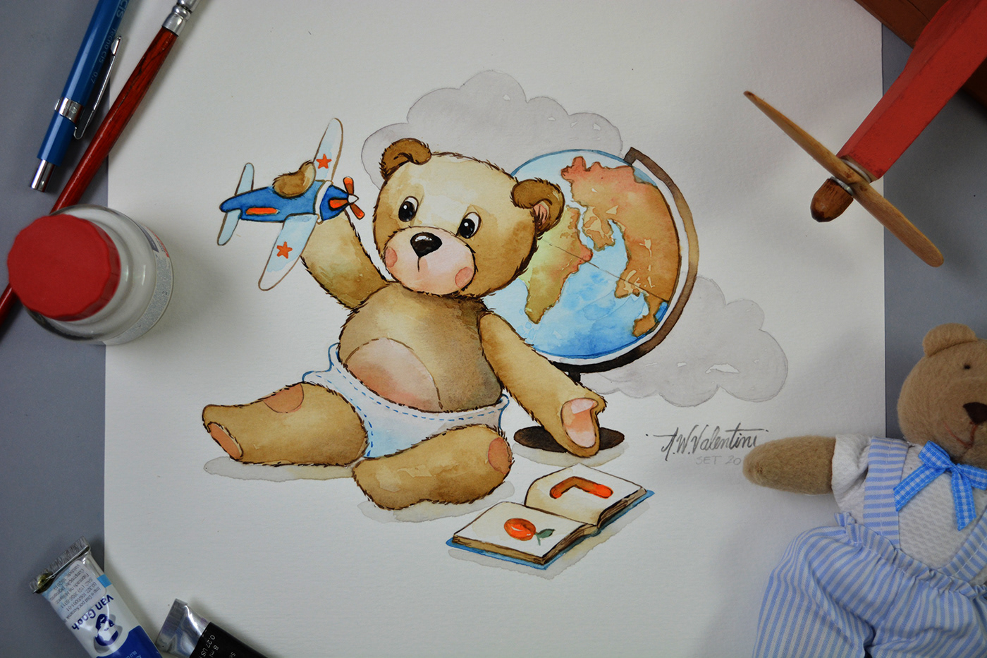 infantil Ilustração urso de pelúcia aquarela desenho aviador Avião viajem criança baby