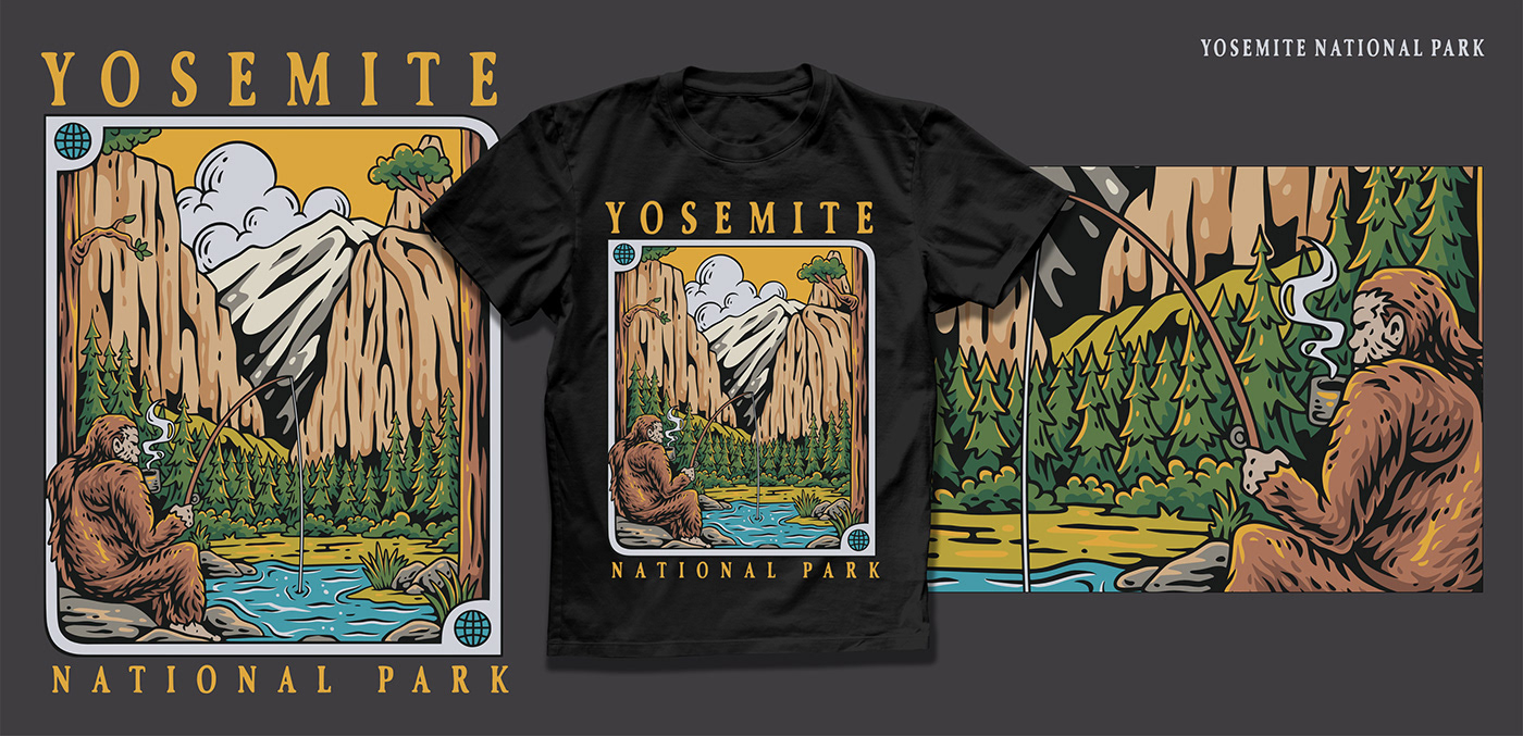 series of vintage design featuring iconic places Yosemite National Park and Bigfoot fishing