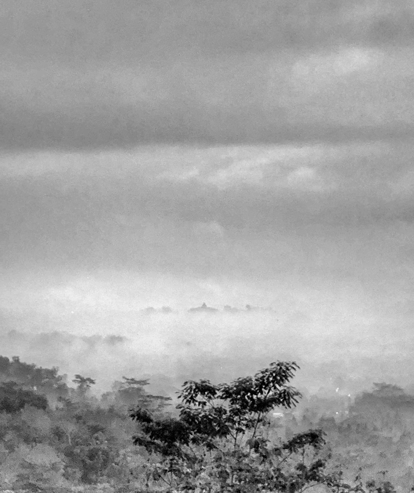 Tiny Borobudur in the fog