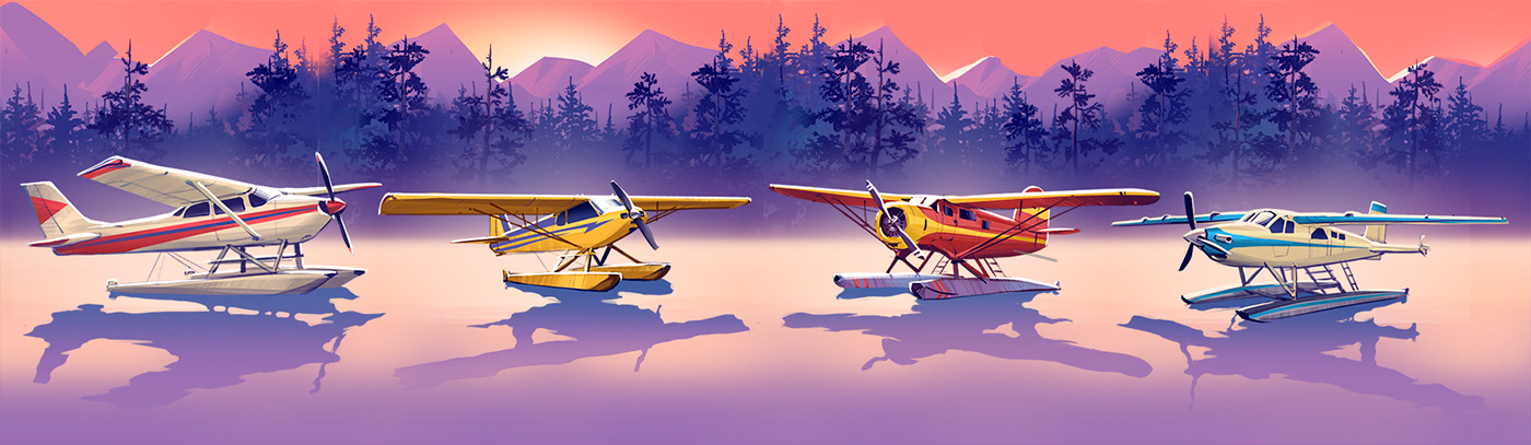 yukon Seaplane vintage Retro 80s sunset wilderness Canada board game state park