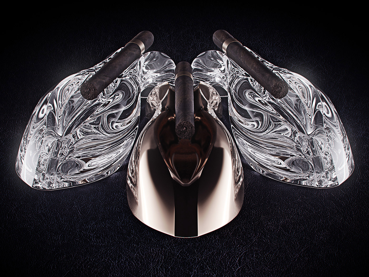 cigar smoke ashtray metal sculptural shapes sculpture tobacco luxury highend gold black glass crystal