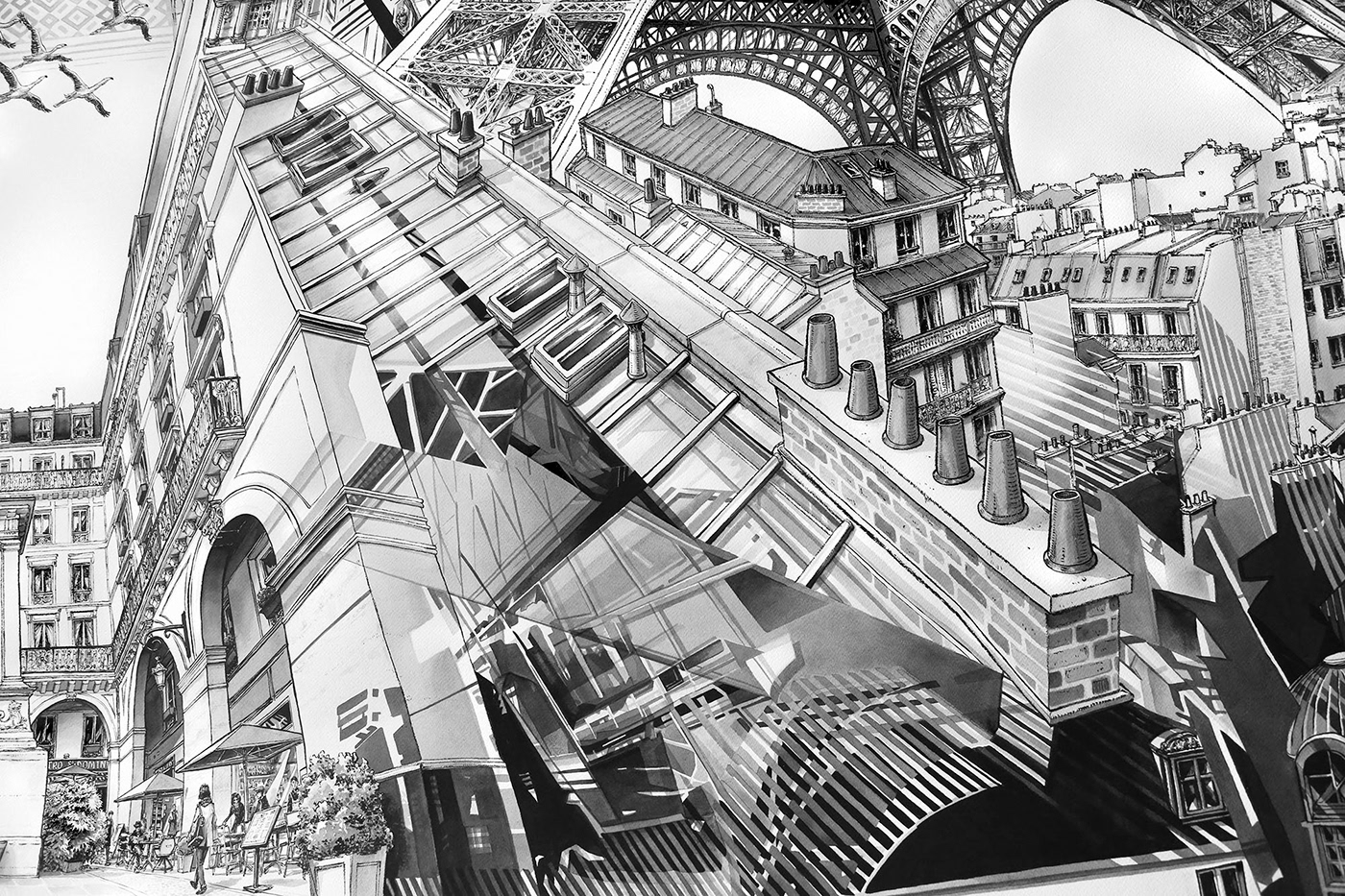 black and white city Drawing  ink London miami New York Paris Urban versailles