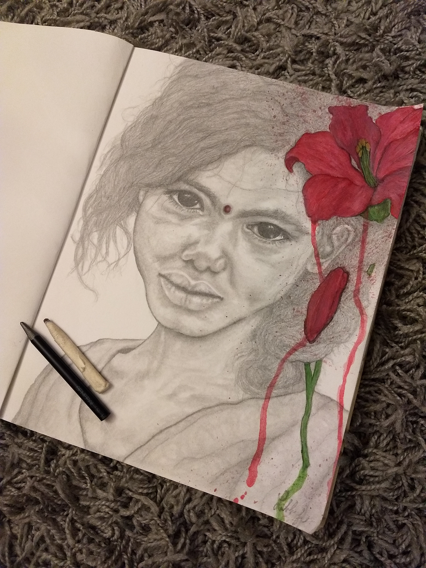 Beautiful black and white blood charcoal cultural flower girl hunger iris mixed medium red sketch want water color