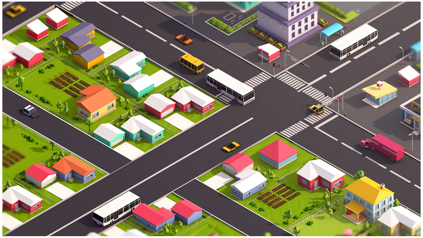 Isometric lowpoly 3D ILLUSTRATION  city buildings game town asset Pack