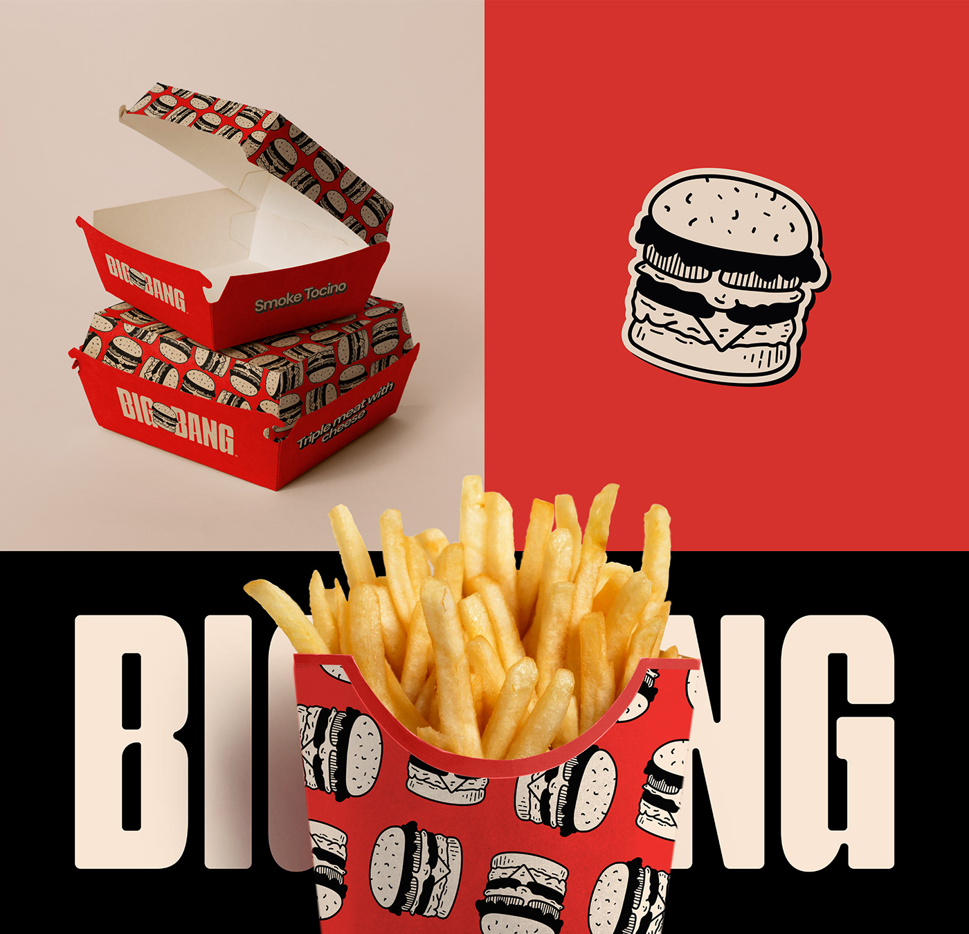Brand Design brand identity burger Fast food french fries hamburguer menu Packaging product design  Web Design 