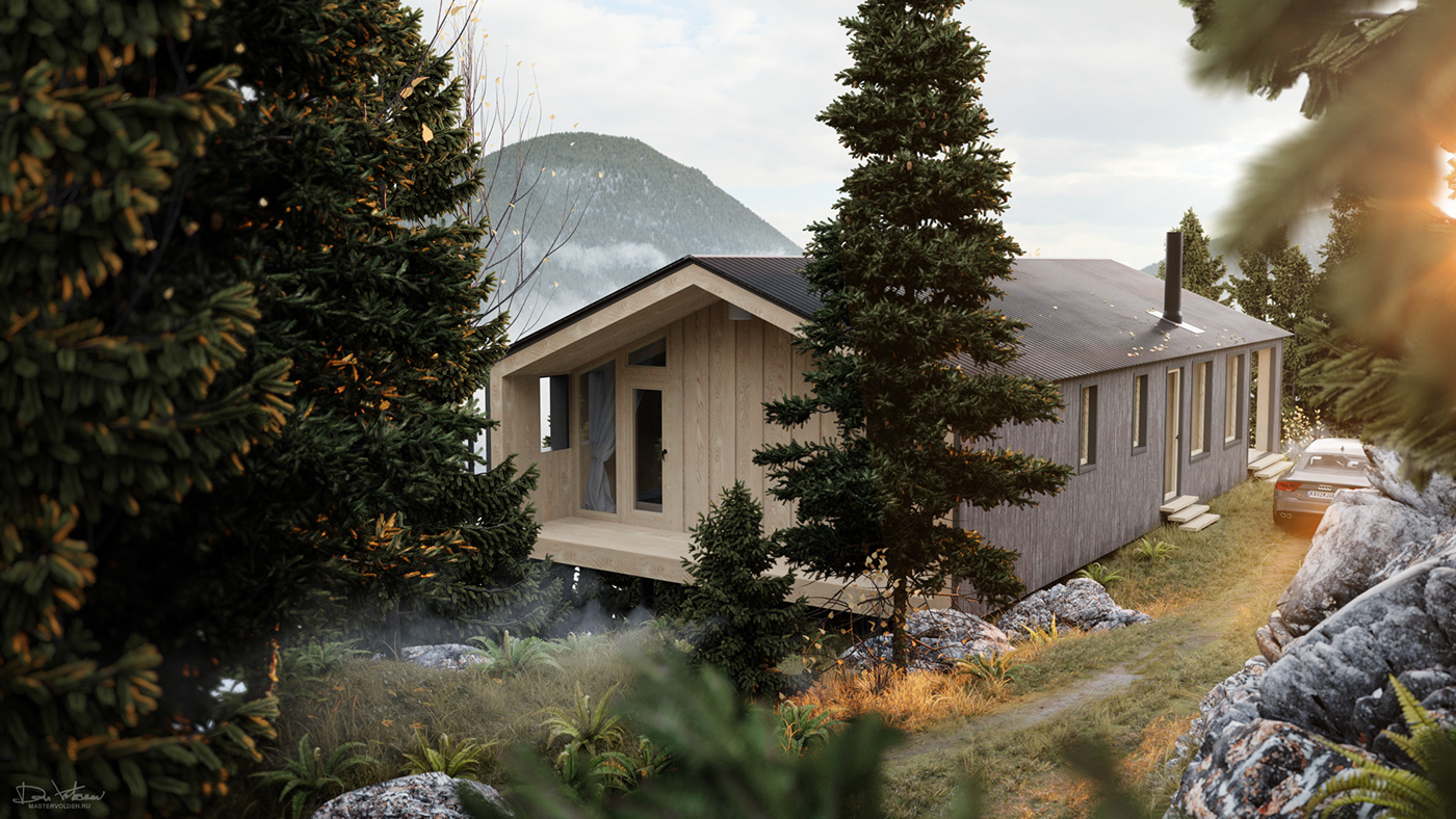 exterior architecture CGI 3D visualization autumn house home Nature fjord