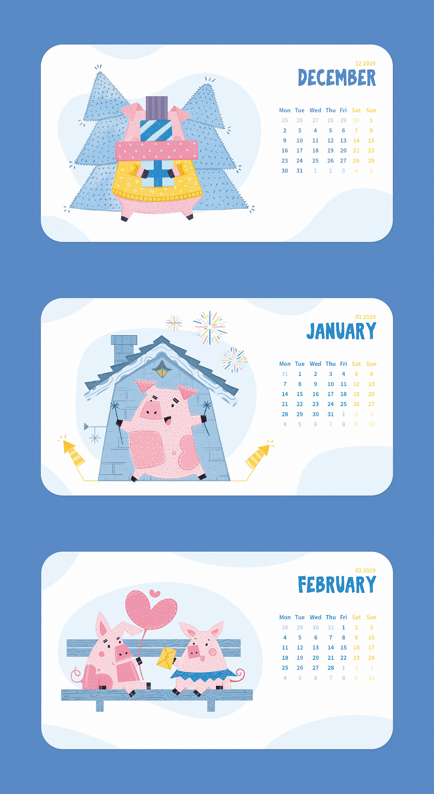 calendar new year calendar 2019 product design  pig art ILLUSTRATION  desk calendar pig year