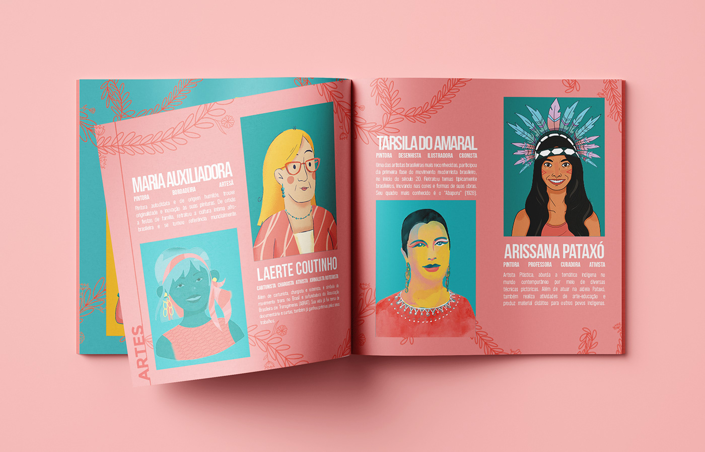 Mockup of a sticker album with colorful illustrated portraits of empowered brazilian women in arts.