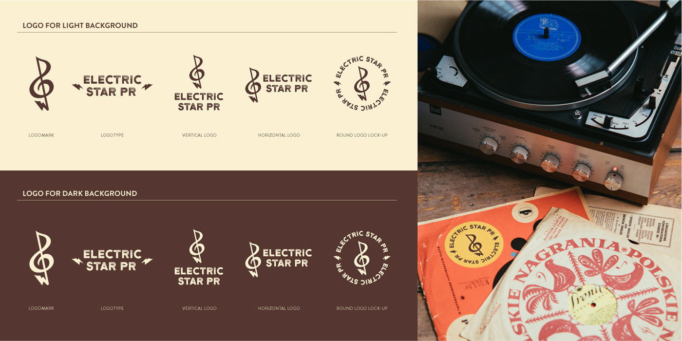 Logo formats on light and dark backgrounds, vinyl records and vinyl player