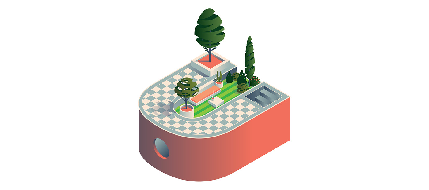 Isometric vector building construction roof garden hard hat architect Retro infographic worker