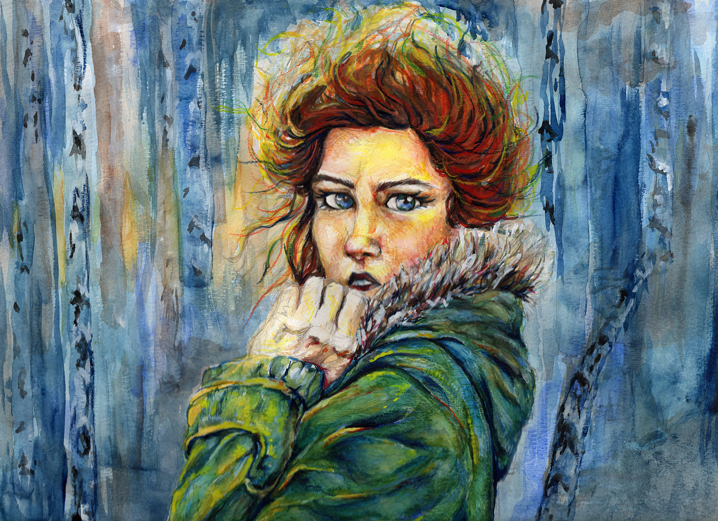 watercolor painting   art Painted Woman  coated blue painting 