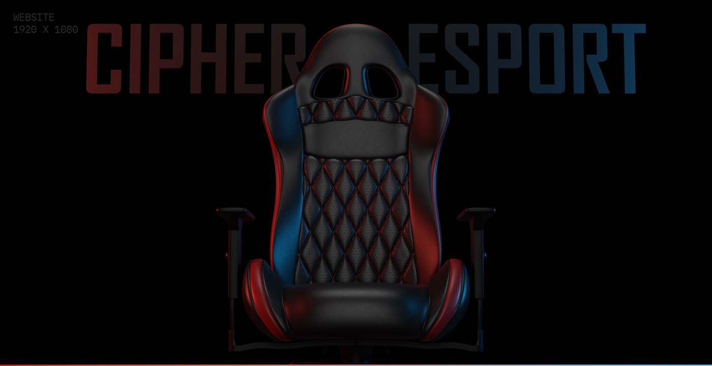 A hero shot of a gaming chair with floating text in back