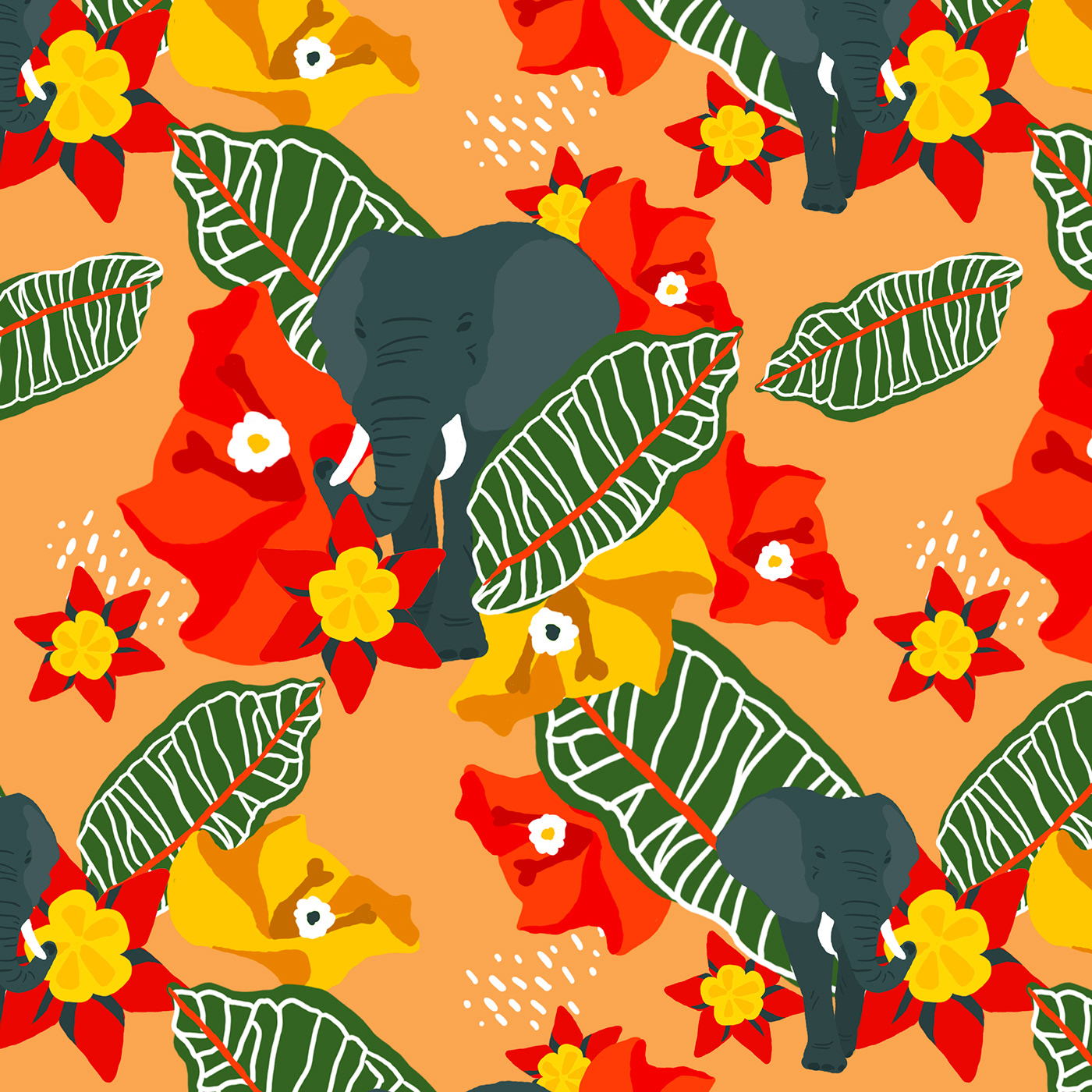 Colorfull Design elephant illustration exotic design fashion design GRAPHIC DESIGN FLOWER illustration flowers illustration plants Orange Design pattern design  wild animals