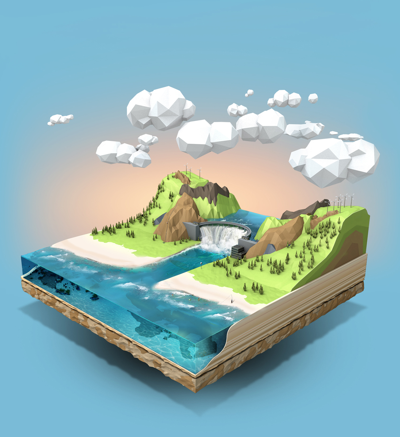 Low Poly lowpoly scene landscapes 3D Render mountains cinema4d Cinema modeling new scenic land Nature water