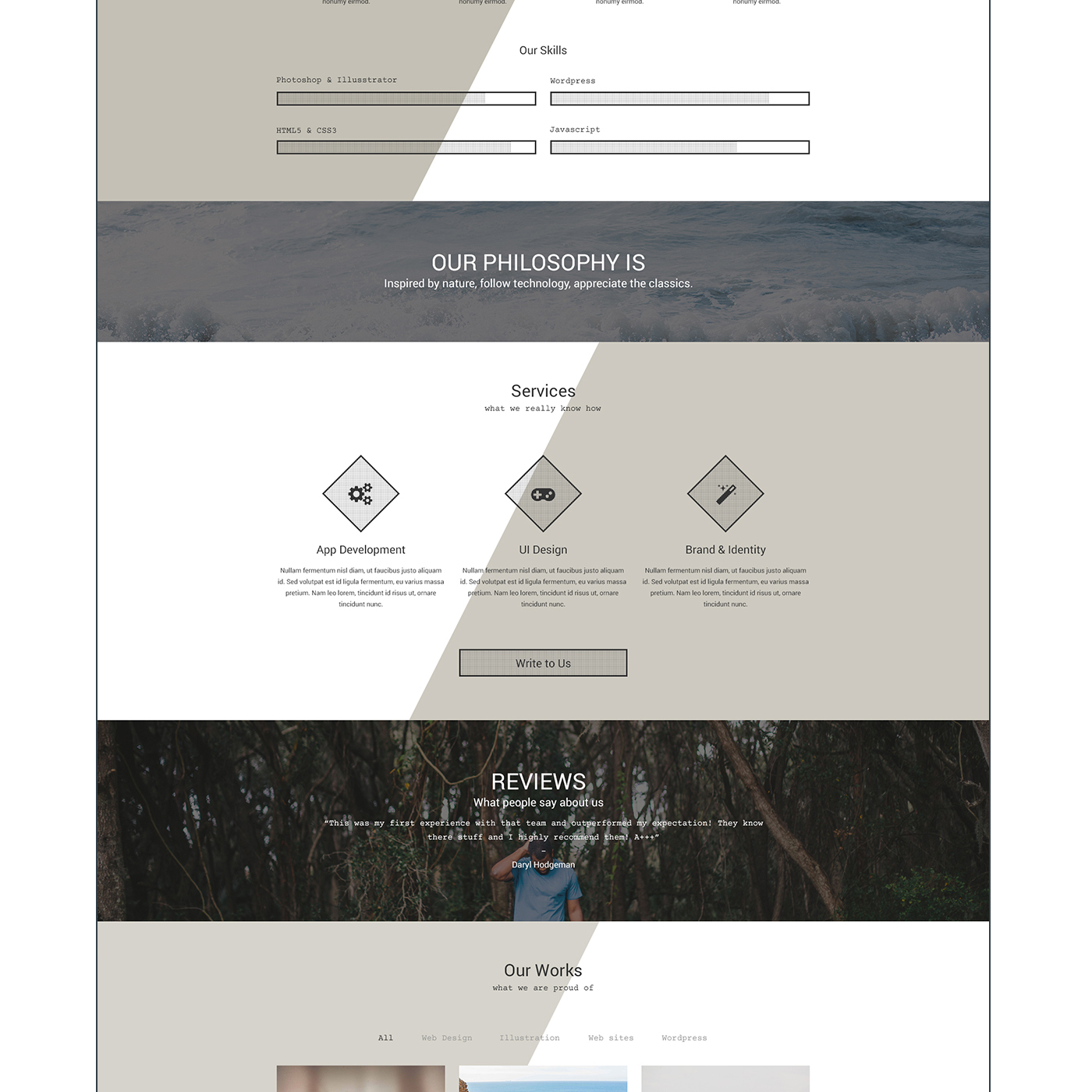 One page free psd template business bootstrap 1170px grid google fonts font awesome wood gradient White Magic Mint ukraine