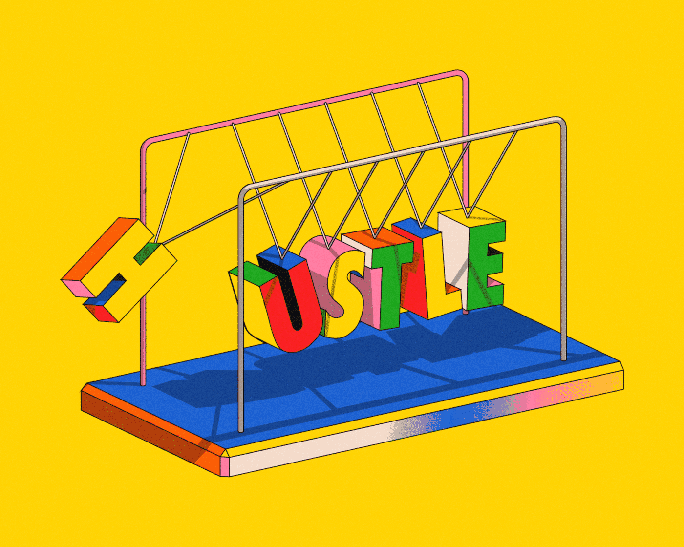 Animated hustle type in newton cradle with bright bold colours. Motion graphics design.