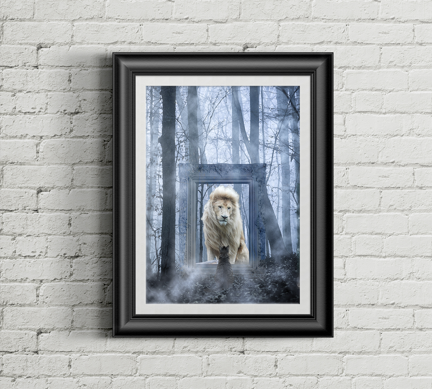 Cat lion foggy forest photoshop
