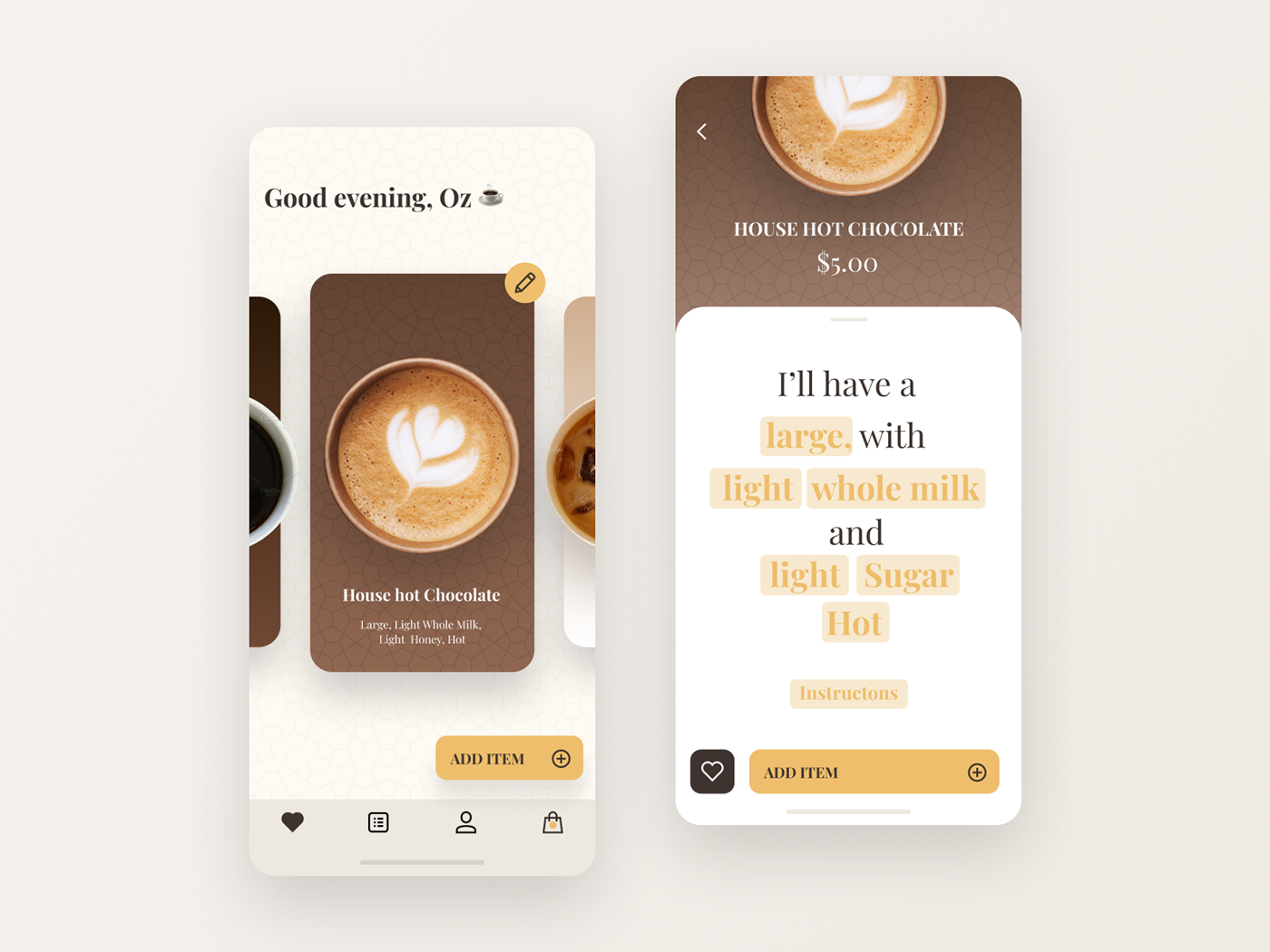 UI app cafe Coffee chocolate Order ux brown pattern ios