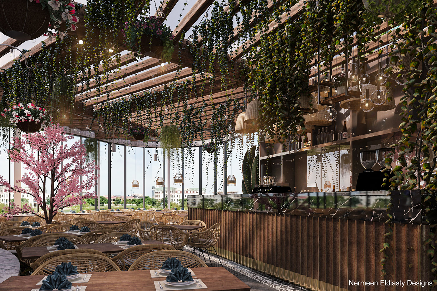 architect architecture cafe flowery design interior design  KSA pinkflowers restaurant visualization vrayrender