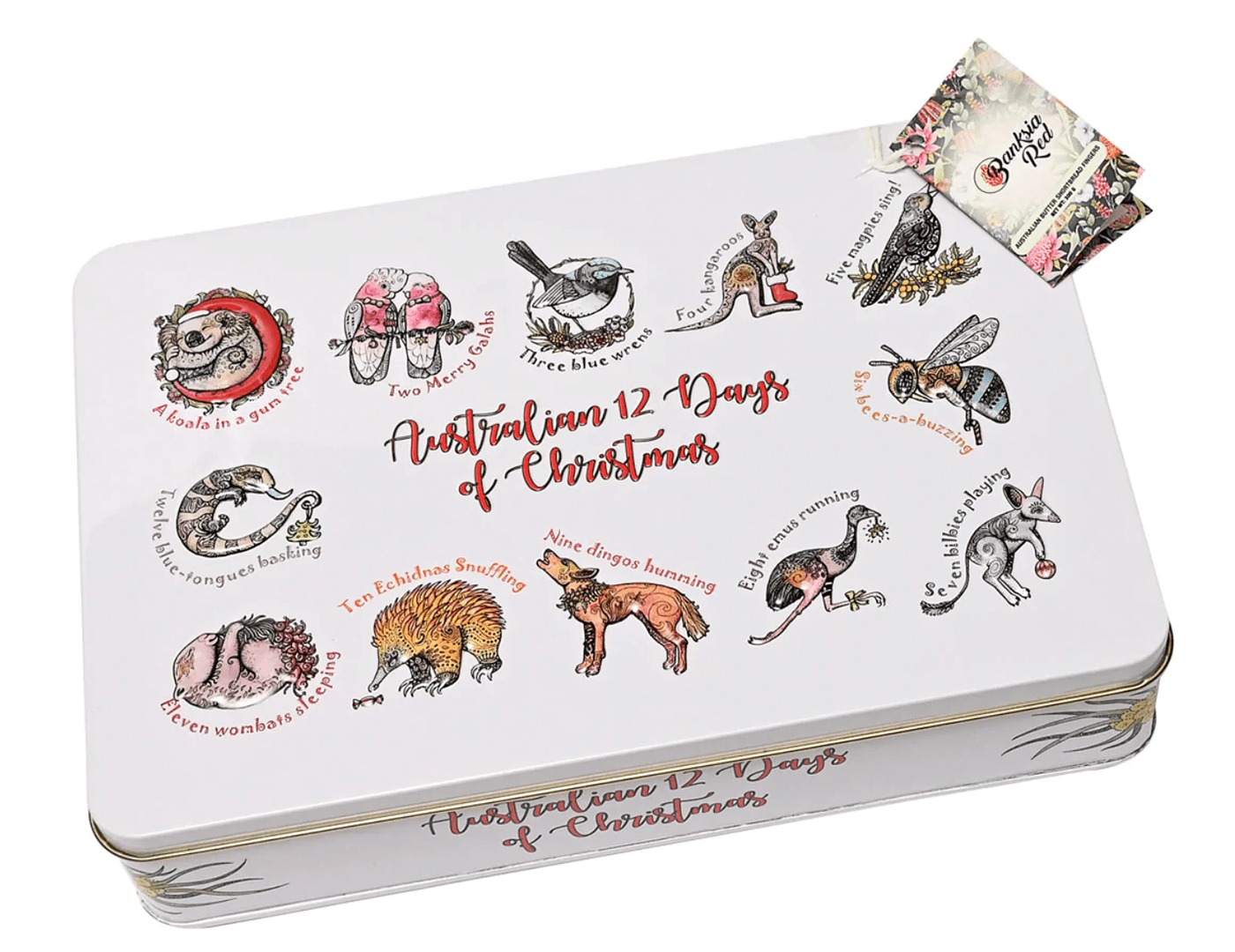 An Australian 12 days of Christmas tin featuring festive Australian animals.