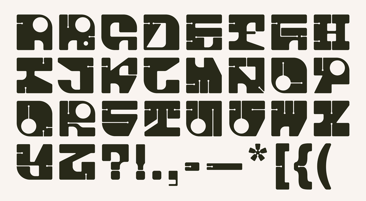 a latin alphabet of retro modular display typeface with glyphs and typography signs