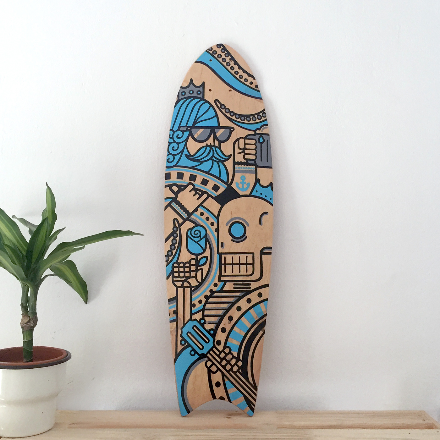handmade ILLUSTRATION  flat design skateboard deck Poker king Surf marijuana